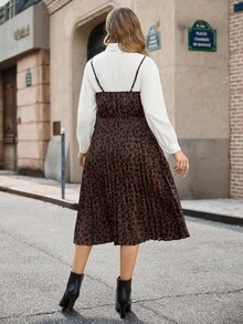 EMERY ROSE 豹纹褶皱下摆吊带连衣裙（不含衬衫）长款女装 - 咖啡棕 - 查看 2