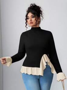 Elenzga Elegantes Damen Oversize T-Shirt Top im französischen Stil in Schwarz & Weiß Kontrast, weiße Rüschenborte am Ausschnitt, Rundhalsausschnitt