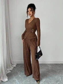 Elenzga Bộ 2 món áo quấn và quần màu trơn thường ngày dành cho nữ - Cà phê nâu - Xem 4