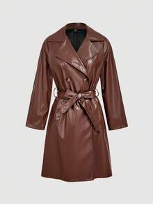 SHEIN MOD Women's Casual Notched Collar Double-Breasted Trench Coat, Autumn/Winter,Halloween Clothes ,Christmas Party Dress,New Year Women's Clothes,Thanksgiving,Belt,Mid-Length Trench Coat,Brown Trench Coat,Casual,Warmth - Brown - View 2