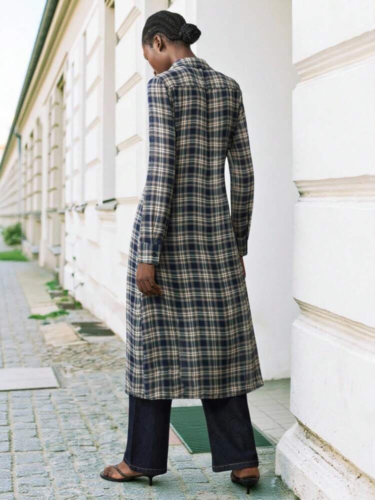 SHEIN Maija Chemise longue décontracté à manches longues, à carreaux, à simple boutonnage avec poche pour femmes