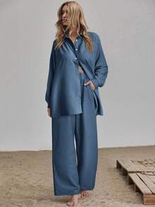 SHEIN LUNE 休闲纯色长袖衬衫和裤子套装女两件套服装两件套裤子套装女蓝色衬衫和裤子套装女蓝色两件套女 - 藍色 - 查看 4