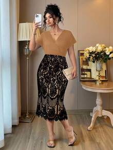 Auvina 大码女式V领短袖撞色蕾丝鱼尾下摆优雅连衣裙 - 咖啡棕 - 查看 5