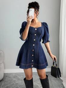 Selianne Women's Elegant Denim Dress For Party & Outing - Blue - View 4