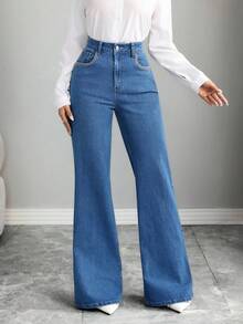 Elenzga 女式高腰口袋喇叭休闲百搭牛仔裤 - 藍色 - 查看 1