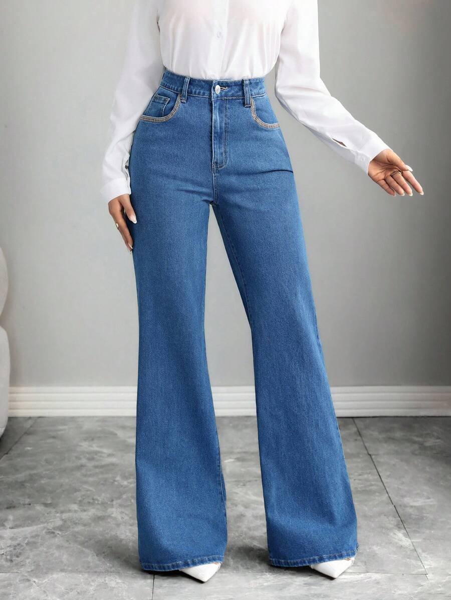 Elenzga 女式高腰口袋喇叭休闲百搭牛仔裤 - 藍色 - 查看 1