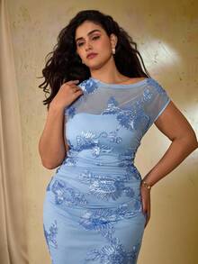 Roveilla Váy dự tiệc bodycon lưới họa tiết hoa vai lệch cỡ lớn, màu xanh lam - Màu xanh lam - Xem 7