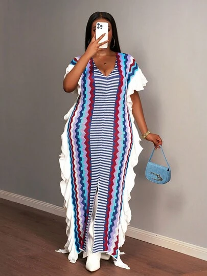 Slaydiva 2025 春秋新品优雅派对、优雅约会、休闲郊游、音乐节、街头风格、游牧风、复古宽松多色条纹侧褶高开衩女式大码针织长裙 - A