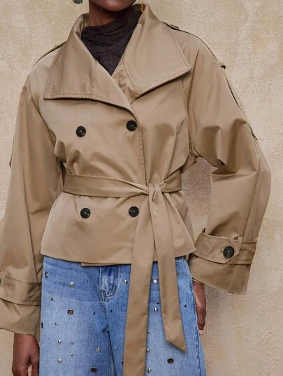 Lumalex VITNOS New Fall Winter High-End Women's Casual Everyday Commuter Khaki Stand Collar Curved Shoulder Double-Breasted Design Waist Cinched Long Sleeve Short Trench Coat, Luxury Coat For Women, Fall New Style Women, Autumn Winter, Everyday Business Casual, Winter, Casual Elegant, Chic Autumn, Weekend Holiday Vacation, Gala Night, Autumn Winter Work Style, Fashionable This Winter, Cold-Weather Trench Coats, New Year's, Birthday Gift, Luxury Coats For Winter, Suitable For Dates, Going Out, Night Out, Weddings, Holiday, Vacation, Birthday, Work And Commute