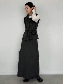 FRIFUL Damski szary top w jednolitym kolorze z paskiem w talii i długą spódnicą, elegancki dwuczęściowy garnitur, strój biznesowy na co dzień dla pań, jesień - Szary - Zobacz 4