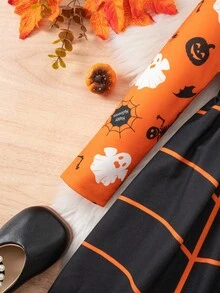 SHEIN 小女孩可爱卡通图案长袖连衣裙，适合万圣节派对 - 橘色 - 查看 7