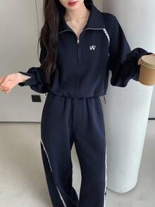 DAZY 女士秋冬蝴蝶结装饰两件套运动服套装 女士家居服套装 - 淺灰色 - 查看 6