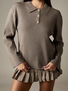 MISSGUIDED Ribbed Knit Polo Top With Button Front And Collared Neckline For Casual Fall Outfits