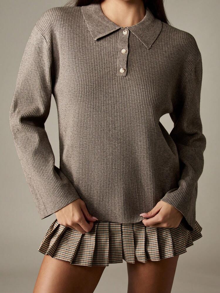 MISSGUIDED Ribbed Knit Polo Top With Button Front And Collared Neckline For Casual Fall Outfits