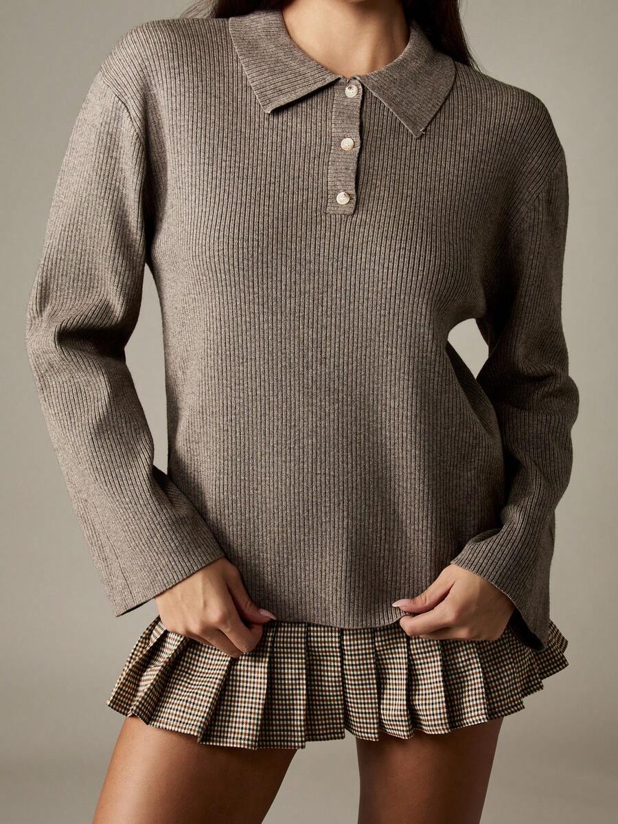 MISSGUIDED Ribbed Knit Polo Top With Button Front And Collared Neckline For Casual Fall Outfits