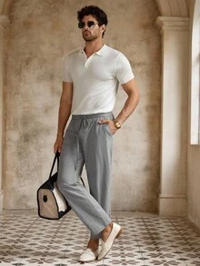 Manfinity VCAY Men's Casual Woven Mid-Waist Drawstring Tapered Ankle-Length Pants, Old Money, Fall - Grey - View 7
