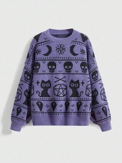 ROMWE Avant Suéter holgado de cuello redondo con estampado de cruz gótica, luna misteriosa y gato, talla grande, otoño/invierno