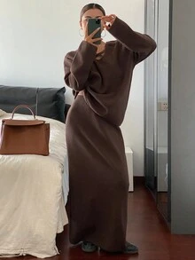 DAZY 2pcs/Set Women Loose Casual Brown Knitted Sweater Set, Autumn/Winter - Brown - View 5