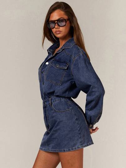 Athîral Denim Women's Long Sleeve Utility Pocket Single-Breasted Casual Denim Dress