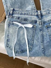 Comfortcana EZwear 女式性感修身弹力蝴蝶结装饰蓝色高腰喇叭牛仔裤 - 藍色 - 查看 4