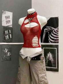 StreetHx 女士街头风纯黑色镂空钩针无袖针织上衣 - 紅色 - 查看 3