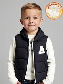 SHEIN 1 pieza Chaleco sin mangas holgado con capucha y cremallera de contraste para niños pequeños, adecuado para uso diario, escuela, salidas, deportes, otoño/invierno - Negro - Ver 1