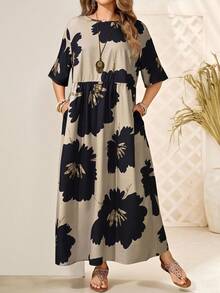 Rosumi Plus Size Short Sleeve Waist Pleated Split Side Dual Pocket Music Festival Bohemian Floral Print Dress For Women, Suitable For Spring & Summer Summer Dresses For Women Vacation Outfits Woman,Maxi Dress Floral Maxi Dress Plus Size Floral Maxi Dress Summer Dresses For Women,Flowy Dress