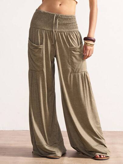 Bohemela Plus Size Women's Solid Color High Waist Loose Pockets Wide Leg Pants