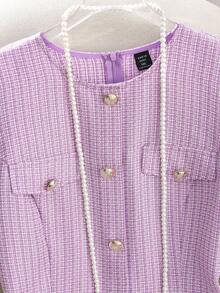 Franclia Plus Size Ladies' Round Neck Single-Breasted Elegant Tweed Pink Short Sleeve Dress