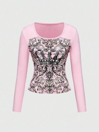 J-Fashion Camiseta ajustada de mujer con corona de cristal Y2K Millennium Babe Vintage