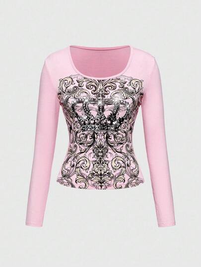 J-Fashion T-shirt moulant vintage pour femmes "Millennium Babe" avec couronne de strass Y2K