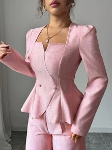 Selianne 女士粉色竹纤维方领收腰纽扣设计优雅高端美学褶皱后腰简约长袖开衫，适合秋季穿着