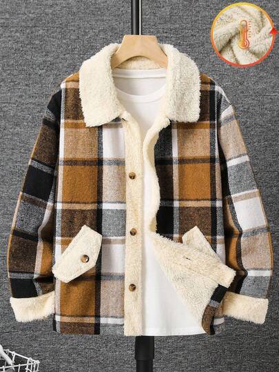 SHEIN Tween Boy 休闲宽松格子羊毛复合面料夹克，适合秋冬户外、运动、学校、休闲场合