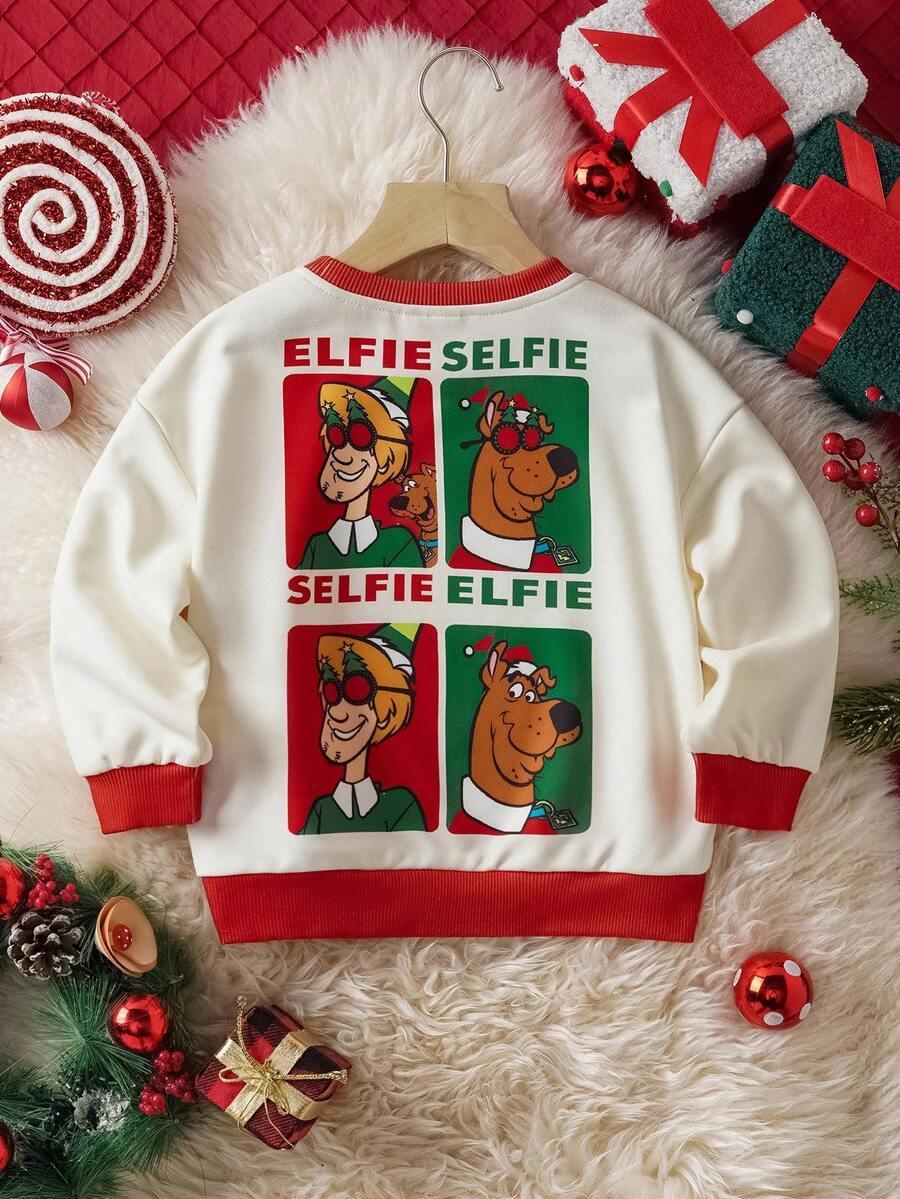 SCOOBY-DOO X SHEIN Young Girl Christmas Cartoon Figure Graphic Crew Neck Long Sleeve Sweatshirt Fall Winter - Multicolor - View 1
