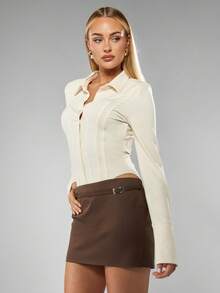 MISSGUIDED Minifalda micromini con cinturón, de talle alto, ajustada, para negocios y trabajo de oficina, para otoño - Café integral - Ver 6