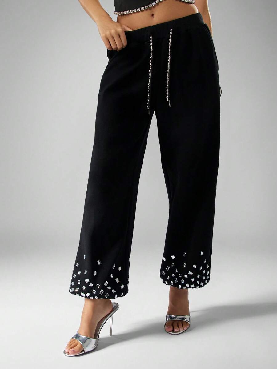 MISSGUIDED Embellished Jogger Sweatpants With Rhinestone Drawstrings And Sequin Hem Details For Women - Black - View 1