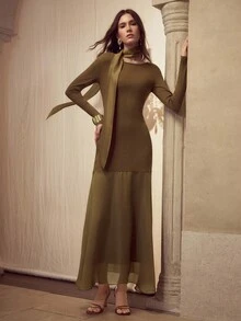 MOTF PREMIUM ĐẦM CỔ THẮT TÓC SLIM FIT - Màu Khaki - Xem 5