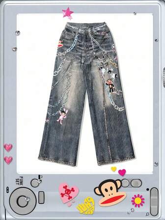 Paul Frank X ROMWE Jeans en denim vintage à motif de bande dessinée amusante Kpop pour femmes