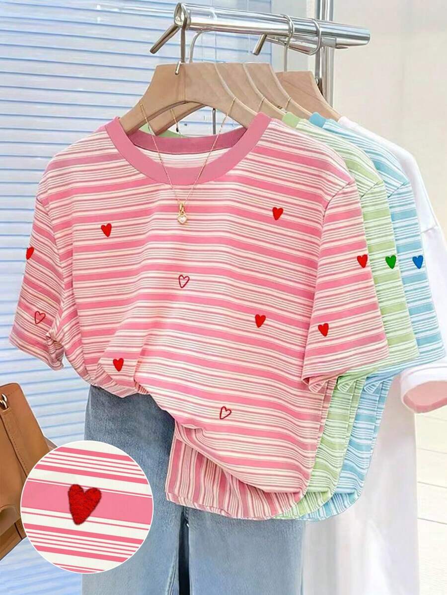 SHEIN Bộ 3 áo thun cổ tròn in kỹ thuật số thêu hình trái tim + sọc hồng, quà tặng cho bạn bè - Nhiều màu - Xem 1