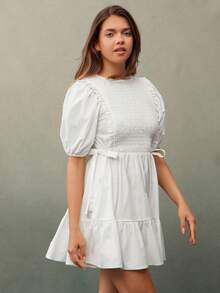 WESTFADE Đầm mini tay bồng xếp nếp cổ tròn thắt nơ hai bên, chất liệu cotton pha trộn, dễ thương, trang phục phương Tây dễ thương cho nữ, mùa thu, mùa đông, trang phục Boho - trắng - Xem 4