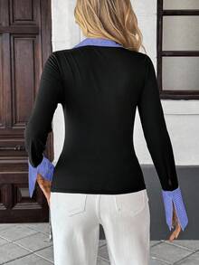 Pariaura Women's Fashionable 2 In 1 Patchwork Long Sleeve T-Shirt, Spring/Summer - BLUE AND BLACK - View 2