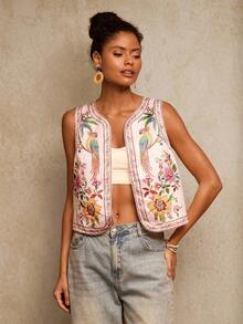 Travachic 女士花卉鹦鹉刺绣开襟轻薄背心外套，波西米亚风背心，花卉背心，休闲女装风格，外出，优雅，乡村风格，休闲，优雅背心外套 - 彩色 - 查看 4