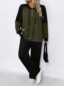 2pcs/Set Casual Comfortable Contrast Color Hoodie Outfit For Women - Multicolor - View 5