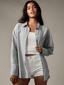 MISSGUIDED Classic Seersucker Button Down Oversized Shirt With Floral Back Design Long Sleeve Collared Office Casual Spring Fall Blouse - Dark Grey - View 3