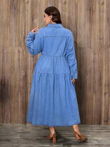 EMERY ROSE Plus Size Women Casual Light Blue Printed Long Sleeve Denim Dress - Light Wash - View 6