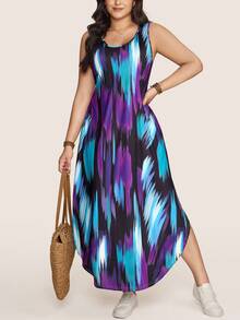 Comfylo 大码女装夏装无袖圆领彩色抽象印花长款夏季休闲度假波西米亚风连衣裙万圣节服装女装冬季连衣裙女士复古连衣裙 - 彩色 - 查看 6