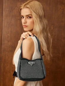 MOTF PREMIUM WOMEN'S RHINESTONE METAL DECOR SHOULDER BAG - Black - View 5