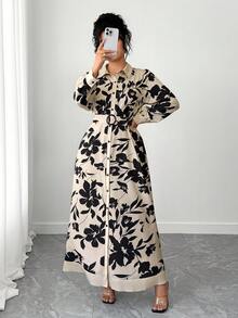 Elenzga Plus Size Women Long Sleeve Shirt Collar Dress - Multicolor - View 3