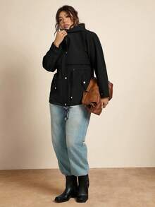 SHEIN LUNE 加大码军绿色抽绳腰部防水保暖夹克，带口袋和兜帽，带口袋，冬季运动时尚，秋季女装，女式防水夹克，轻便夹克，女式雨衣，女式连帽雨衣，女式风衣夹克 - 黑色 - 查看 5