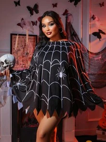 Fantasy Costume Plus Size Halloween Spider Web & Spider Disguise Cloak With Asymmetrical Hem, Slimming Look, Cute Trick Or Treat Costume, Can Be Worn Outdoors Spider Skirt Spiderweb Skirt